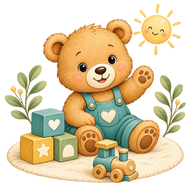 A friendly teddy in teal overalls, waving hello among wooden toys and garden leaves