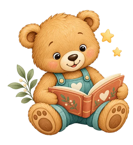 A cozy teddy bear reading a storybook